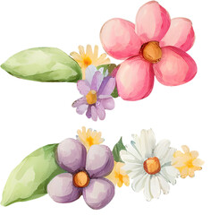Set of two flowers bouquet. Pink, violet, yellow, white flowers. Watercolor clipart.