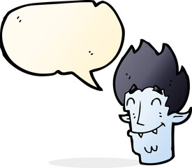 cartoon happy vampire head with speech bubble