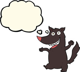 cartoon happy wolf with thought bubble