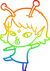 rainbow gradient line drawing pretty cartoon alien girl