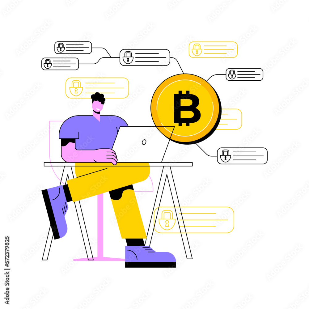 Poster blockchain tech architect isolated cartoon vector illustrations. blockchain architect with laptop wo