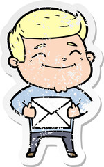distressed sticker of a happy cartoon man with parcel