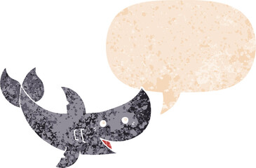 cartoon shark and speech bubble in retro textured style