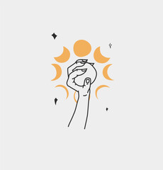Hand drawn vector abstract outline,graphic,line art magic human hand with moon and stars logo in minimalistic modern style.Moon and stars sign outline design concept.Outline moon silhouette isolated.
