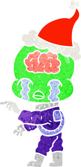 retro cartoon of a big brain alien crying and pointing wearing santa hat