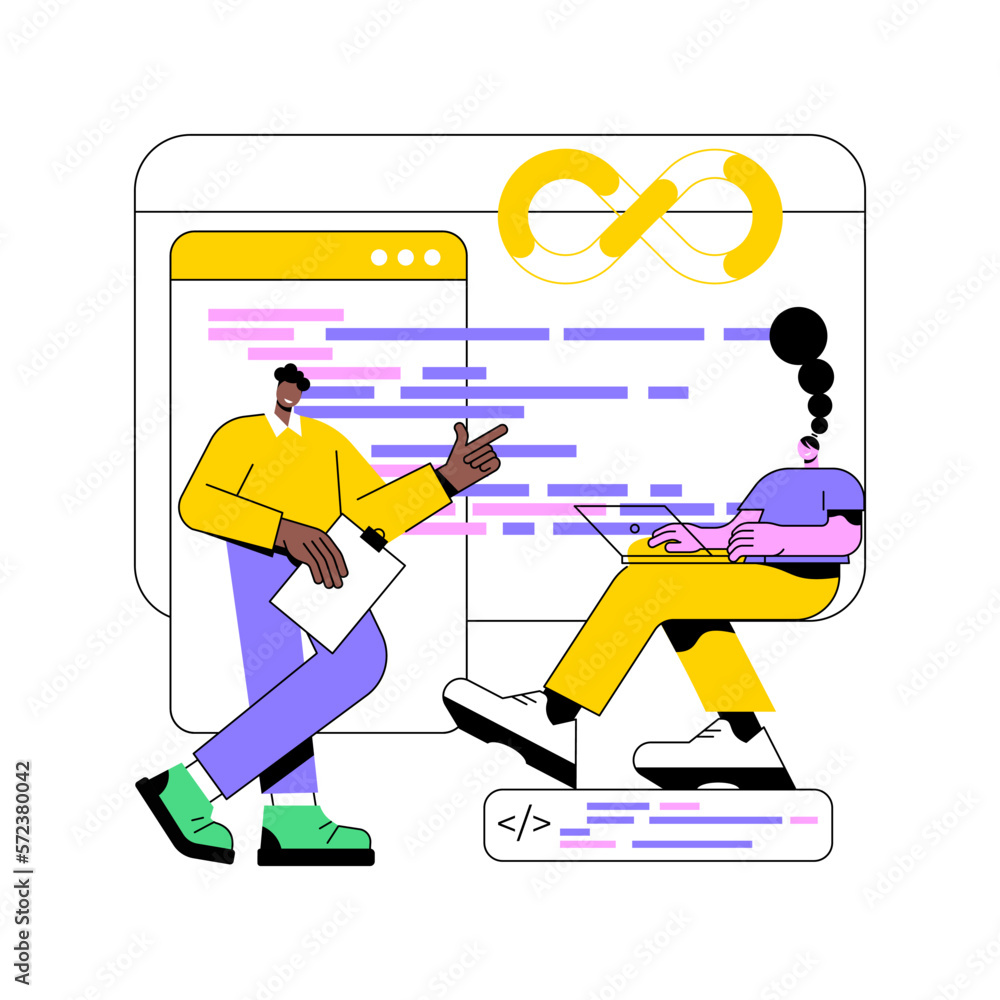 Poster devsecops workflow isolated cartoon vector illustrations. group of colleagues working on new it proj
