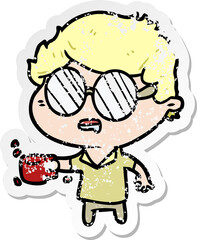 distressed sticker of a cartoon man with cup of coffee