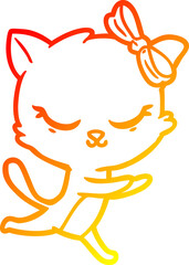 warm gradient line drawing cute cartoon cat with bow