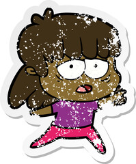distressed sticker of a cartoon tired woman