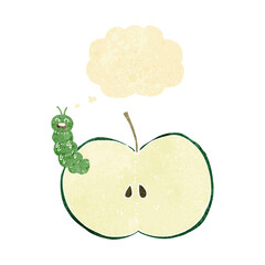 cartoon bug eating apple with thought bubble