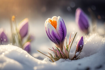 First spring flowers. Blooming purple crocus flowers covered snow with blurry bokeh and sparkling detail. Ai generated art