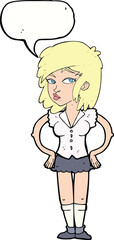 cartoon pretty woman with hands on hips with thought bubble