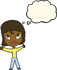 cartoon happy woman waving arms with thought bubble