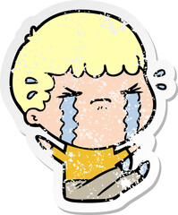 distressed sticker of a cartoon man crying