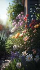 Flowers season on a bright Spring Day. Garden Flowers in a Vibrant cottage garden style. Ai generated art