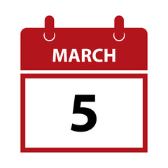 March 5. Vector flat daily calendar icon. Date and time, day, month for birthday, anniversary, appointment, remainder or event. Holiday.