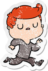 distressed sticker of a cartoon aloof man running