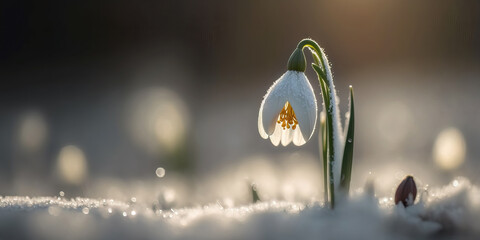 First spring flowers. Snowdrops flowers covered snow with blurry bokeh and sparkling detail. Ai generated art