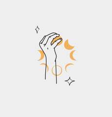 Hand drawn vector abstract outline,graphic,line art magic human hand with moon and stars logo in minimalistic modern style.Moon and stars sign outline design concept.Outline moon silhouette isolated.