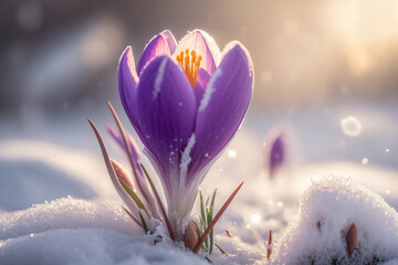First spring flowers. Blooming purple crocus flower covered snow with blurry bokeh and sparkling detail. Ai generated art