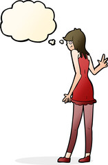 cartoon woman waving with thought bubble