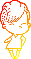 warm gradient line drawing cartoon squinting girl in dress