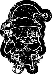 cartoon distressed icon of a woman wearing santa hat