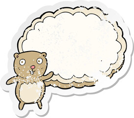 retro distressed sticker of a cartoon bear with text space cloud
