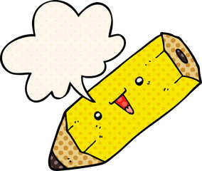 cute cartoon pencil and speech bubble in comic book style