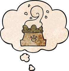 cartoon bowl of dog food and thought bubble in grunge texture pattern style