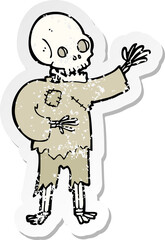 retro distressed sticker of a cartoon skeleton waving