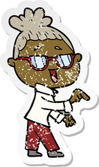 distressed sticker of a cartoon happy woman wearing spectacles