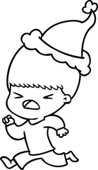 line drawing of a stressed man wearing santa hat