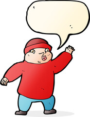 cartoon man in hat waving with speech bubble
