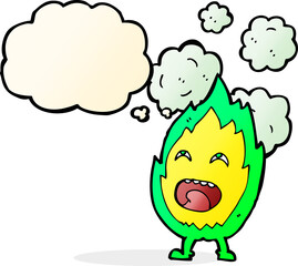 cartoon flame character with thought bubble