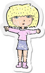 retro distressed sticker of a cartoon girl pointing