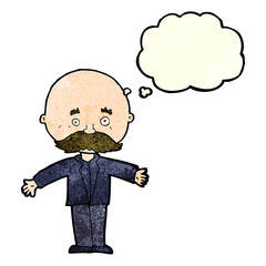 cartoon bald man with open arms with thought bubble