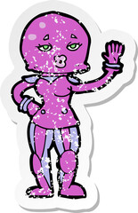 retro distressed sticker of a cartoon female astronaut