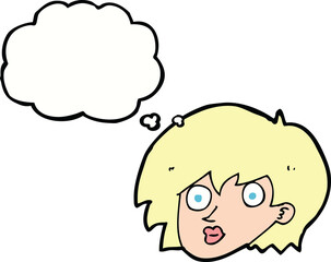 cartoon surprised female face with thought bubble
