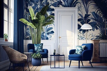 Hotel living room with classic tropical plant wallpaper, tropical interior design, generative ai, blue and white as the Color of the Year for both the living and internal spaces.