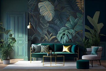 Hotel living room with classic tropical plant wallpaper, tropical interior design, generative ai, and green as the Color of the Year for both the living and internal spaces.