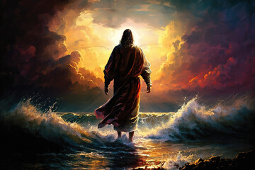 The figure of Jesus walks on water on a beautiful dramatic sunset  background. generative ai - obrazy, fototapety, plakaty