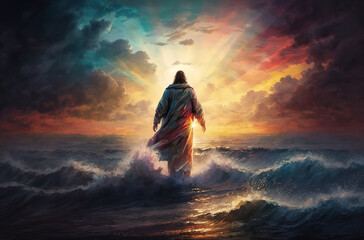The figure of Jesus walks on water on a beautiful dramatic sunset  background. generative ai
