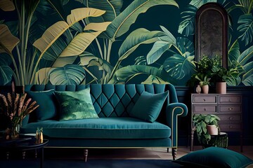 Hotel living room with classic tropical plant wallpaper, tropical interior design, generative ai, and green as the Color of the Year for both the living and internal spaces.