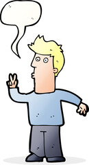 cartoon man giving peace sign with speech bubble