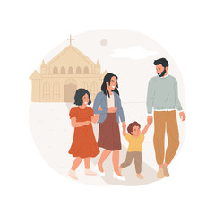 Attending church isolated cartoon vector illustration. Family with kids going to church, instilling faith from childhood, everyday Christian belief rituals, devotion to faith vector cartoon.