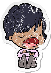 distressed sticker of a cartoon woman talking