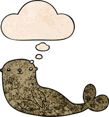 cartoon seal and thought bubble in grunge texture pattern style