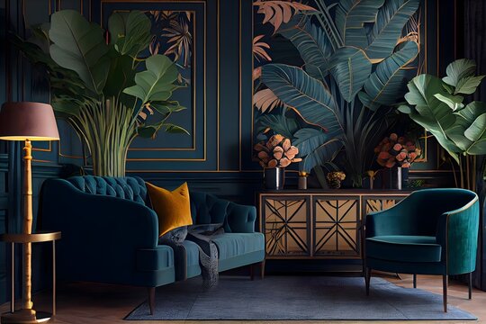 Hotel living room with classic tropical plant wallpaper, tropical interior design, generative ai, and white as the Color of the Year for both the living and internal spaces.