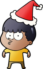 gradient cartoon of a curious boy wearing santa hat